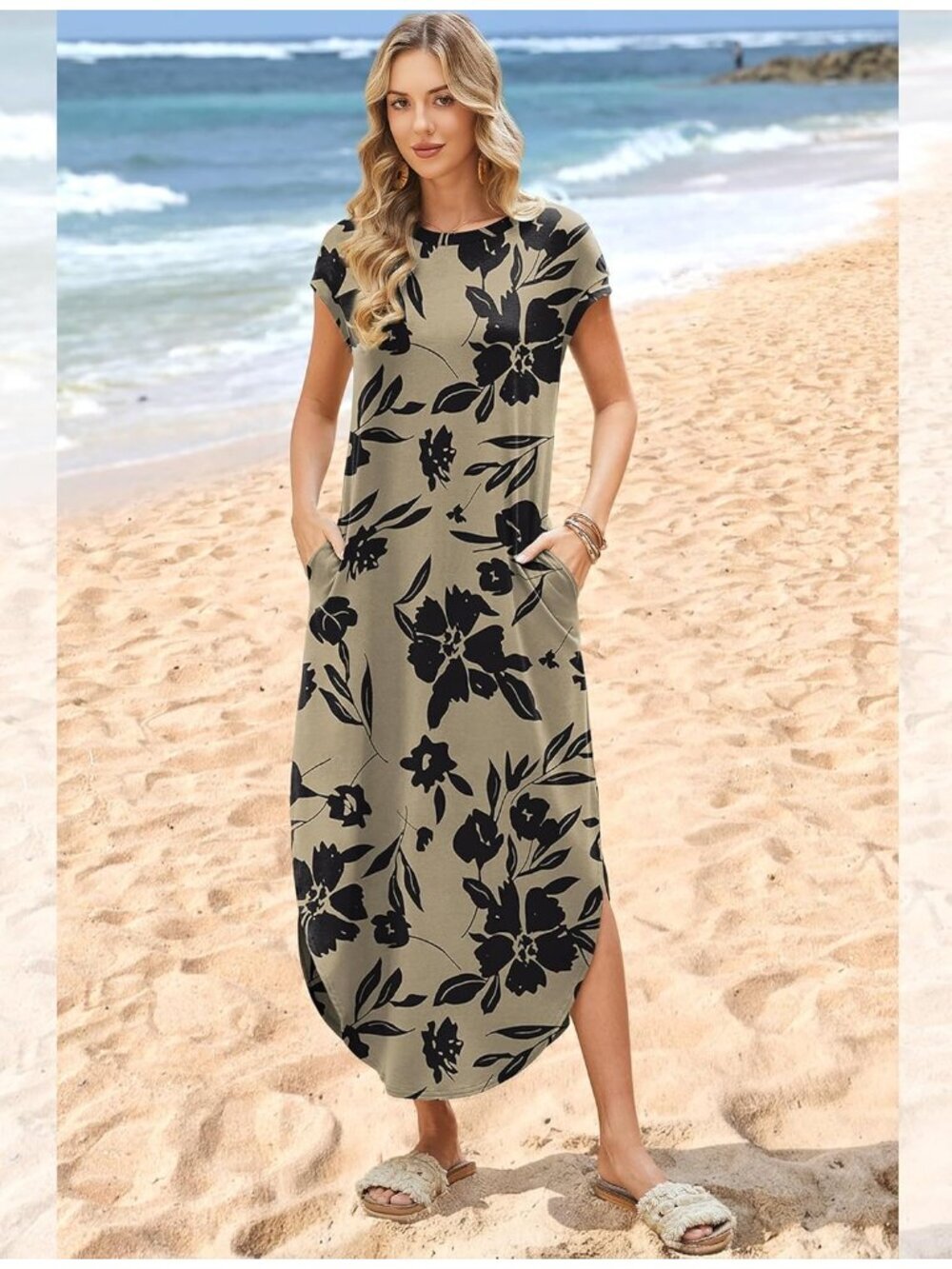 〽️Women's Floral Black Flower Cap Sleeve Crewneck Casual Long Summer Maxi Dress
